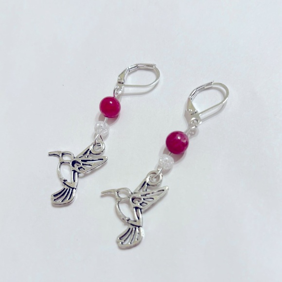 handmade 925 sterling silver pink hummingbird charm earrings leverback - Picture 2 of 5